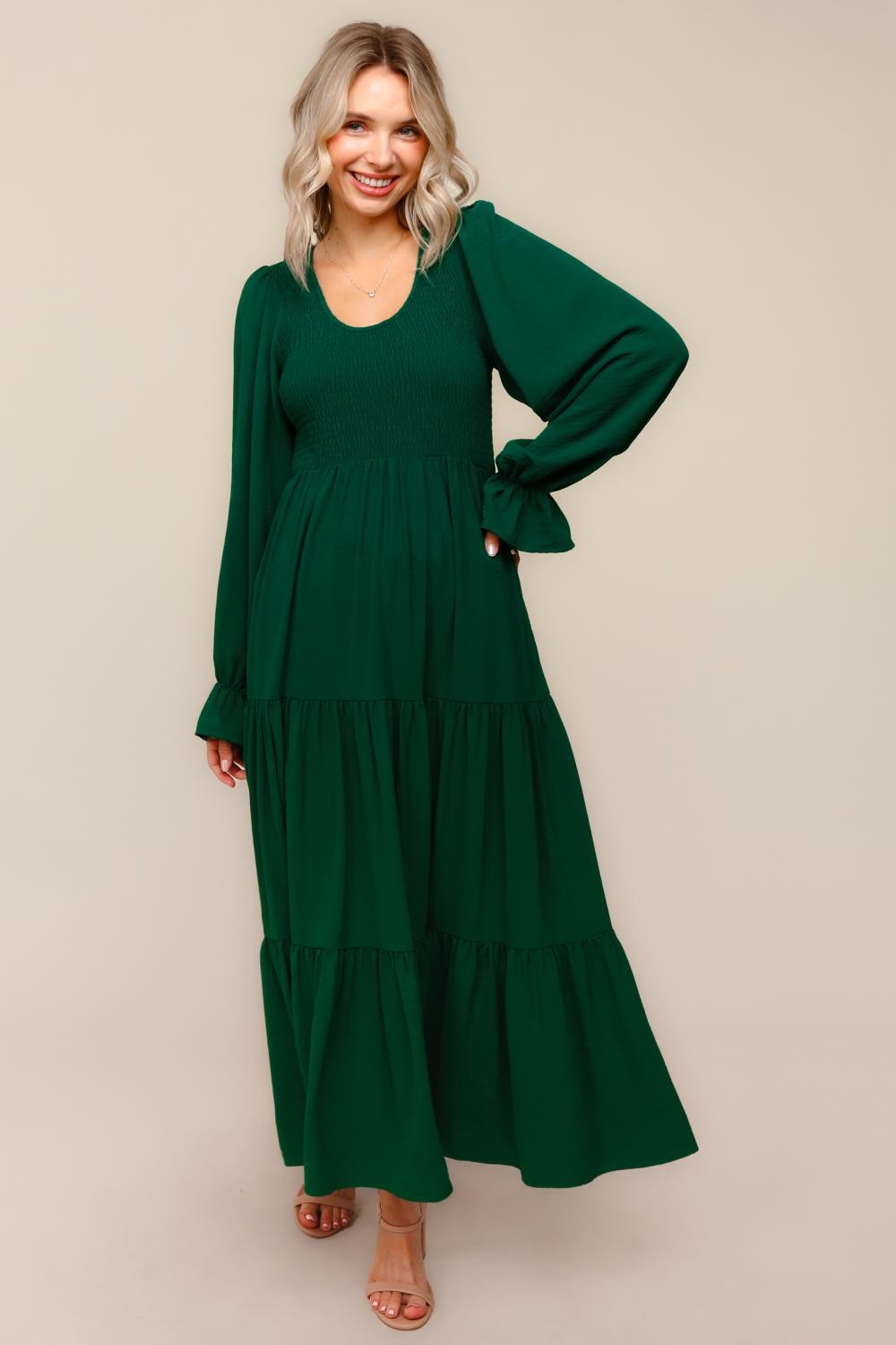 Forest Green Smocked Tiered Long Sleeve Maxi Dress PinkBlush Forest Green Smocked Tiered Long Sleeve Maxi Dress PinkBlush