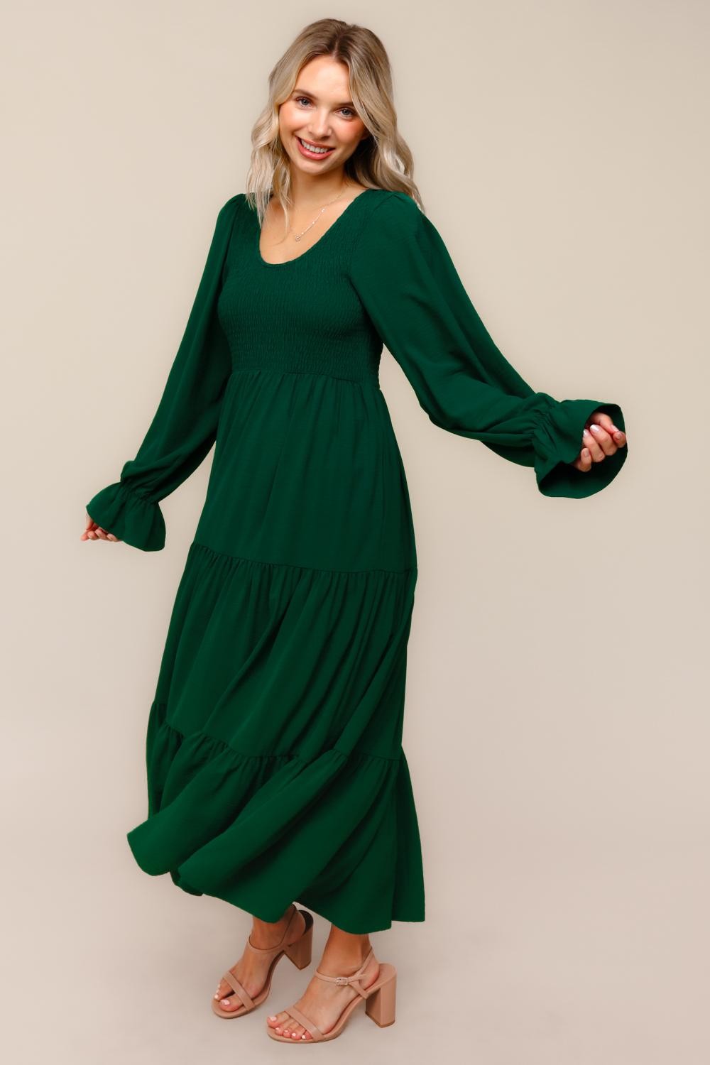 Forest Green Smocked Tiered Long Sleeve Maxi Dress