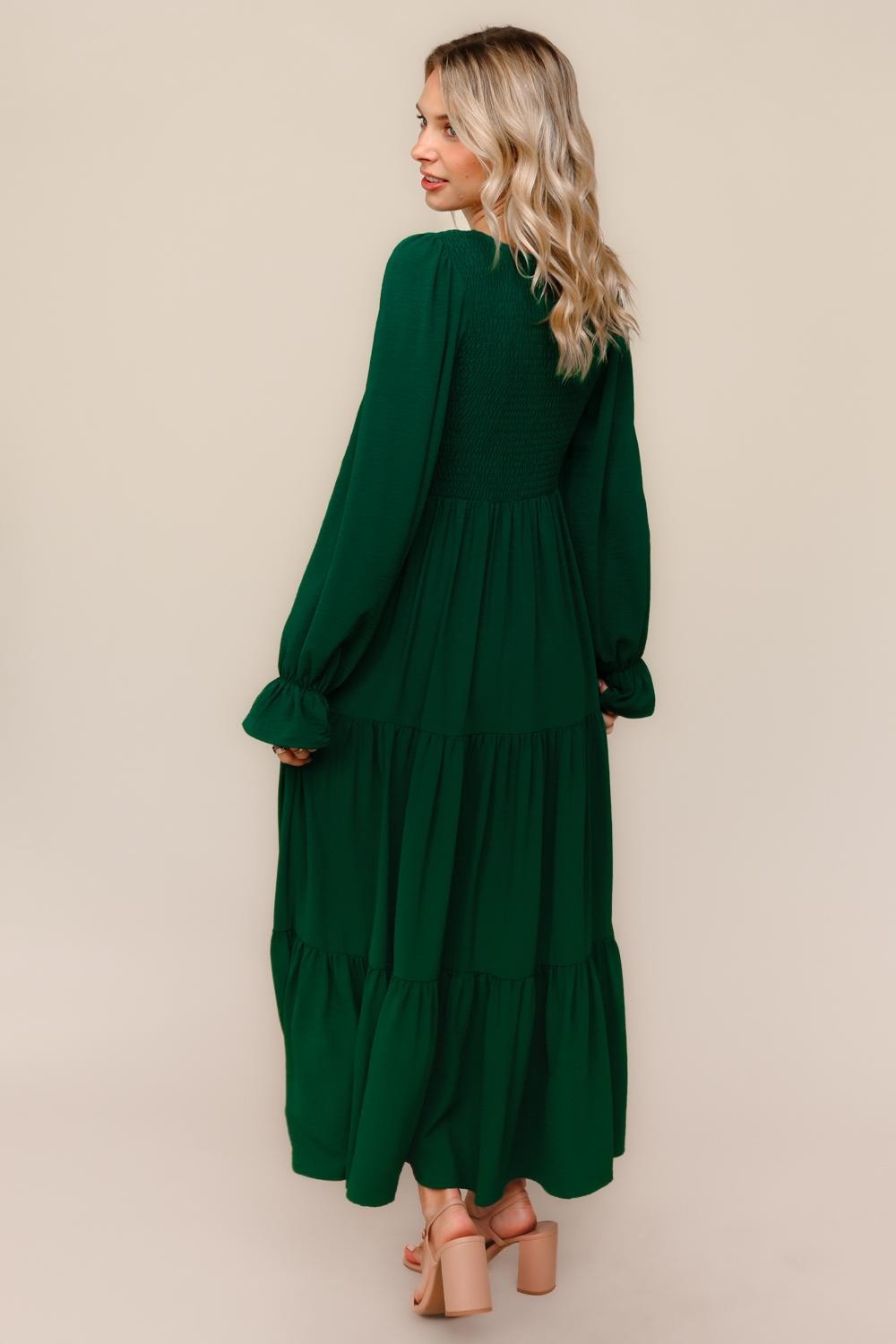 Forest Green Smocked Tiered Long Sleeve Maxi Dress