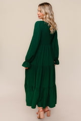 Forest Green Smocked Tiered Long Sleeve Maxi Dress