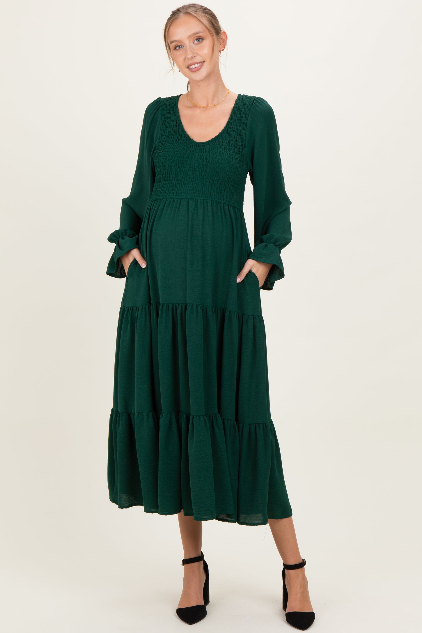 Forest Green Smocked Tiered Long Sleeve Maternity Maxi Dress