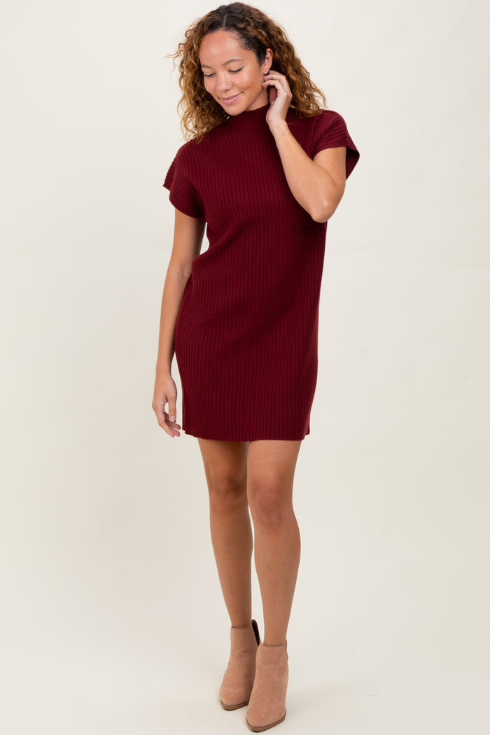 Burgundy Ribbed Knit Maternity Short Sleeve Sweater Dress