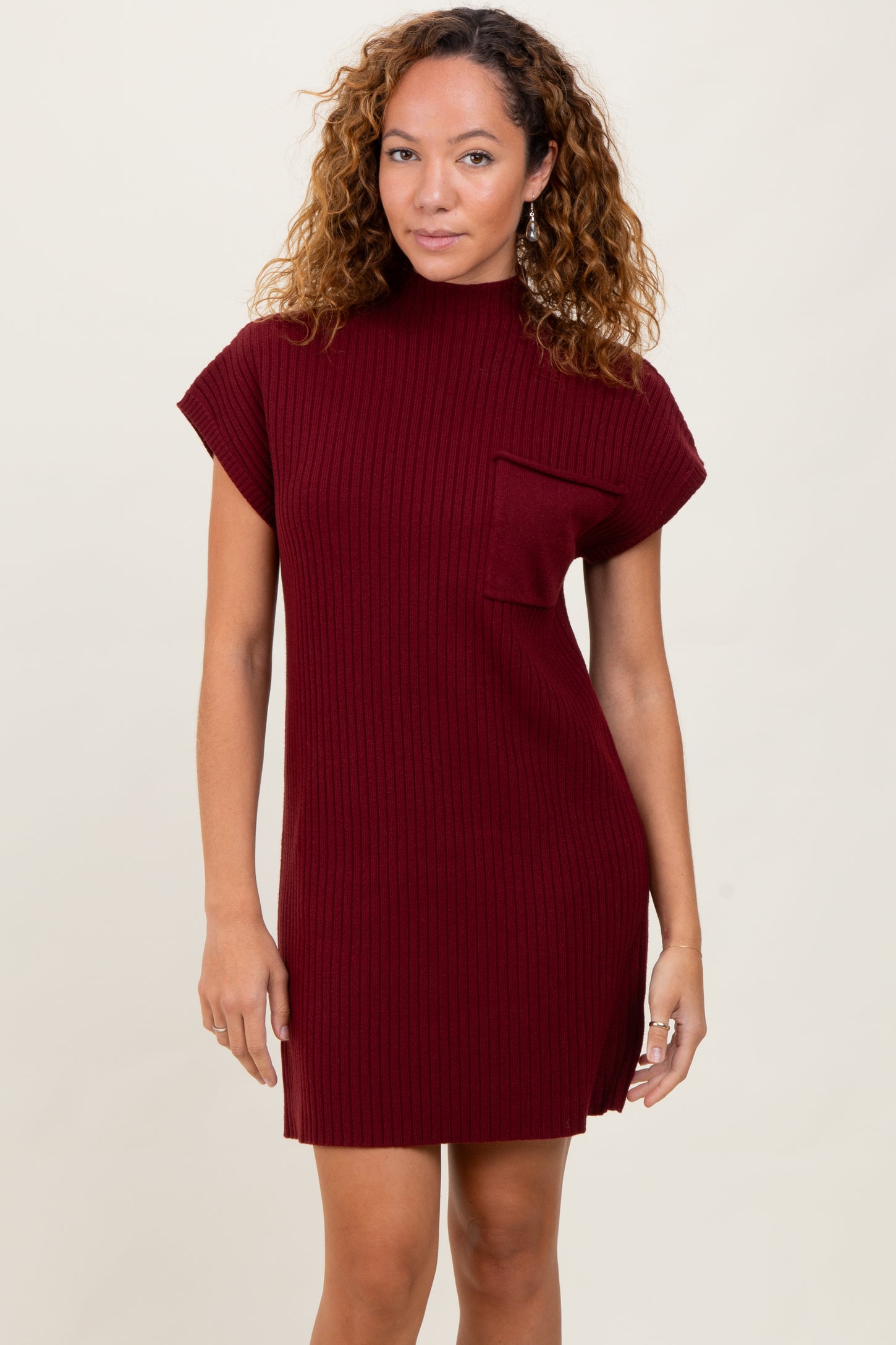Burgundy Ribbed Knit Short Sleeve Sweater Dress Burgundy Ribbed Knit Short Sleeve Sweater Dress