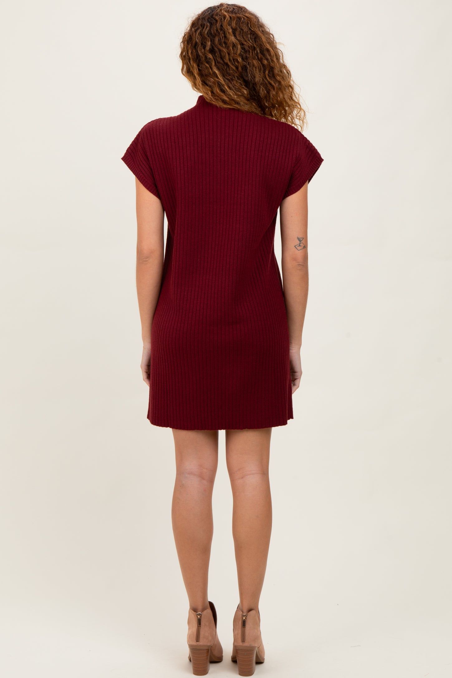 Burgundy Ribbed Knit Short Sleeve Sweater Dress