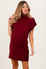 Burgundy Ribbed Knit Maternity Short Sleeve Sweater Dress