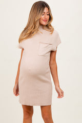 Beige Ribbed Knit Maternity Short Sleeve Sweater Dress