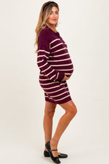 Burgundy Striped Knit Maternity Polo Sweater Dress