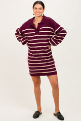 Burgundy Striped Knit Polo Sweater Dress