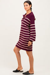 Burgundy Striped Knit Polo Sweater Dress