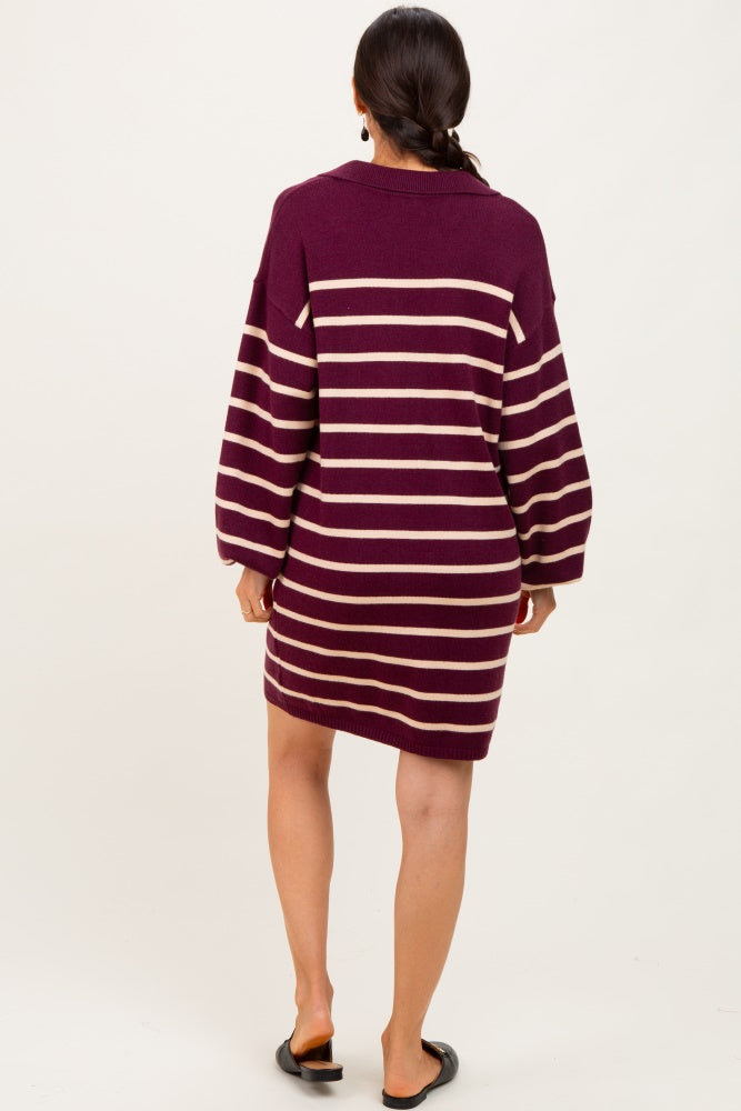 Burgundy Striped Knit Polo Sweater Dress