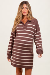 Mocha Striped Knit Maternity Polo Sweater Dress