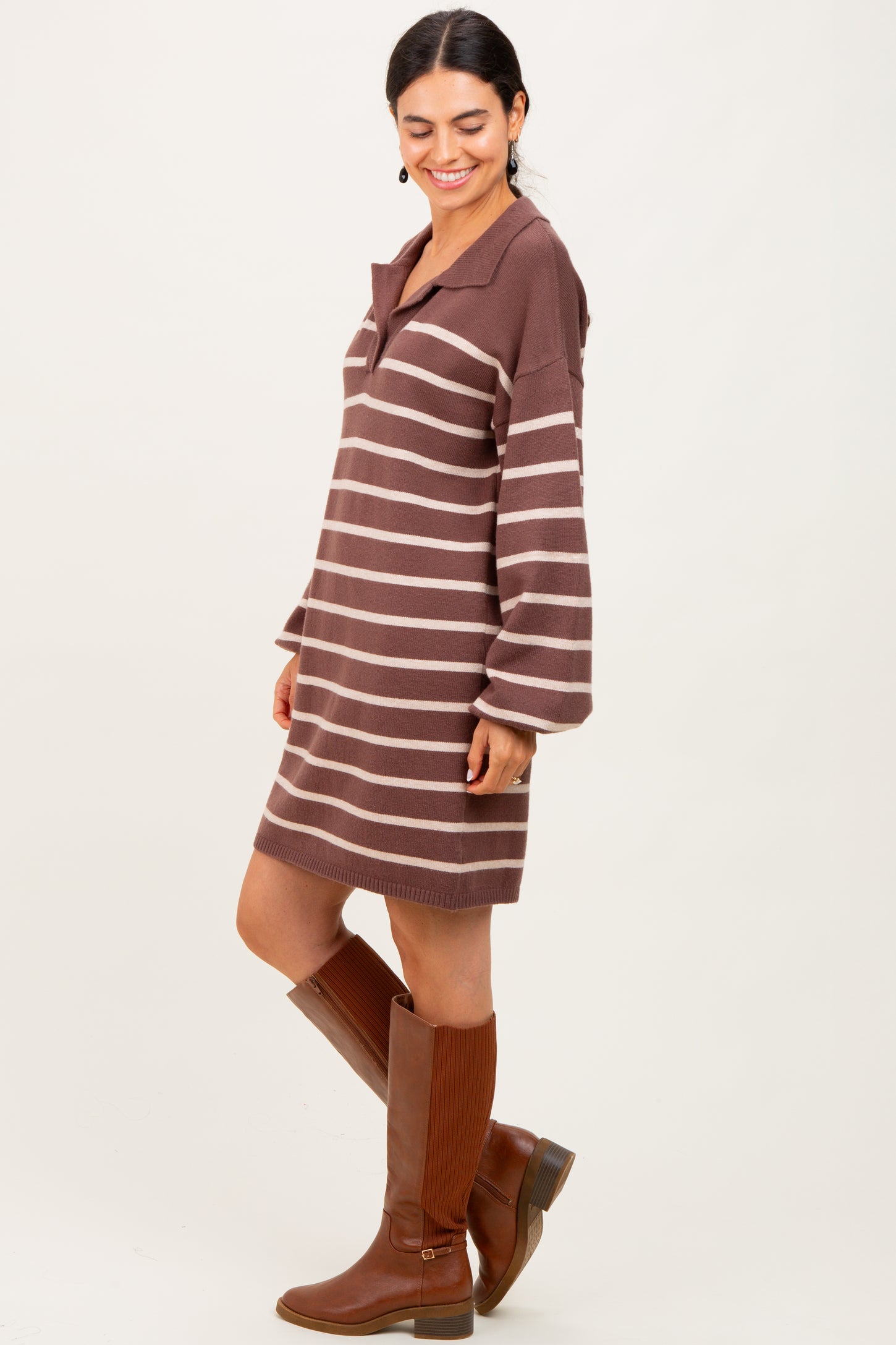 Mocha Striped Knit Polo Sweater Dress
