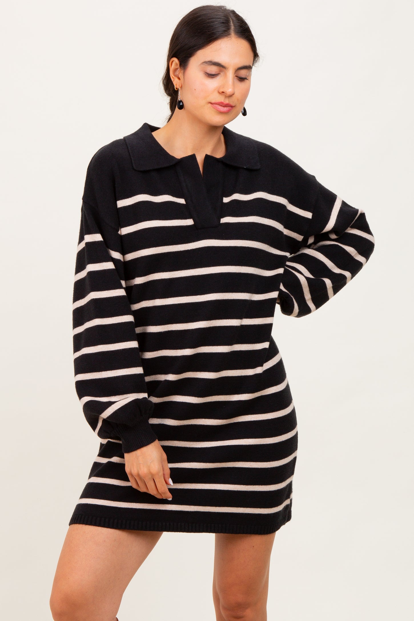 Black Striped Knit Maternity Polo Sweater Dress