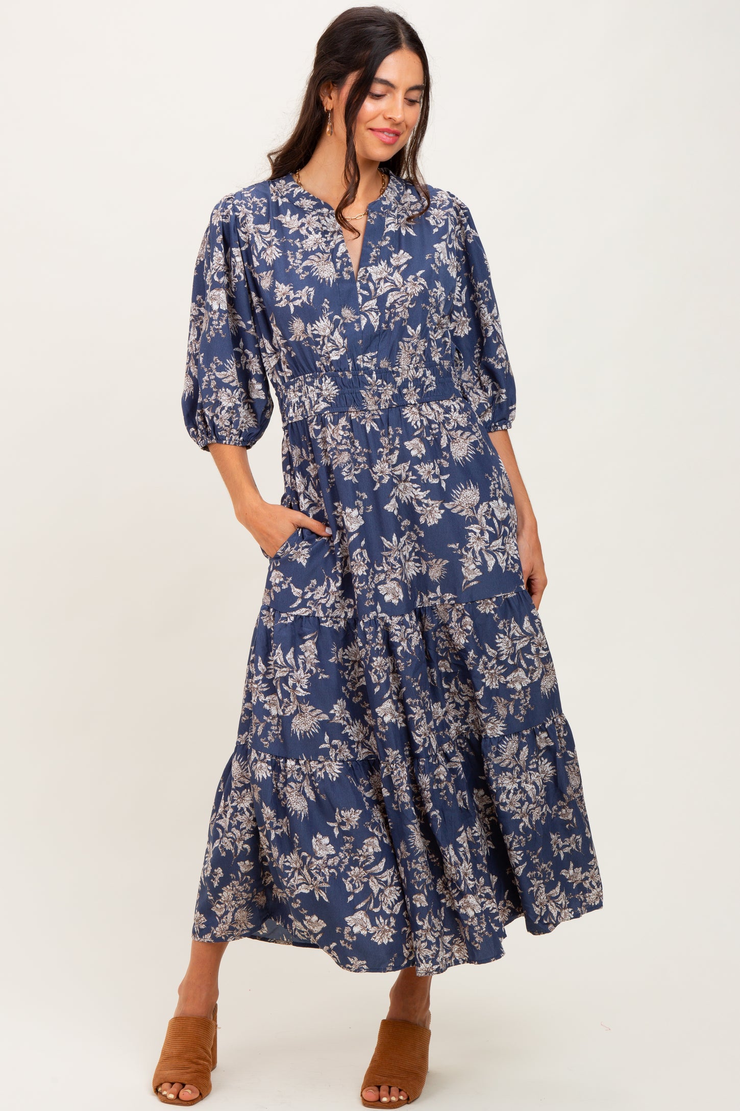 Blue Floral 3/4 Sleeve Smocked Waist Maternity Midi Dress