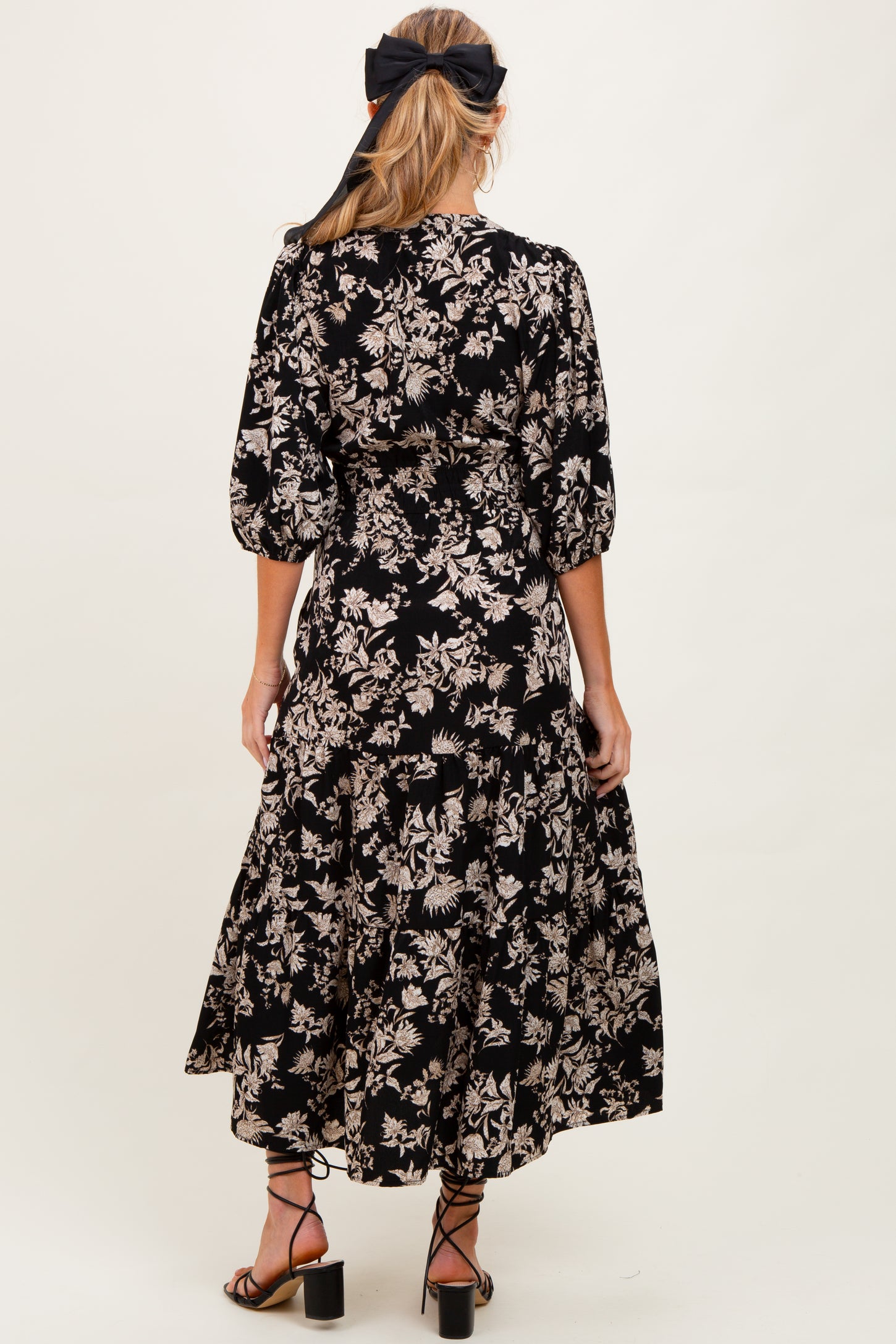 Black Floral 3/4 Sleeve Smocked Waist Maternity Midi Dress