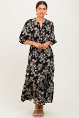 Black Floral 3/4 Sleeve Smocked Waist Midi Dress