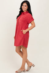 Rust Faux Suede Button Down Shirt Dress