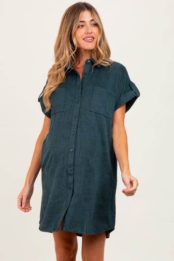 Forest Green Faux Suede Button Down Maternity Shirt Dress
