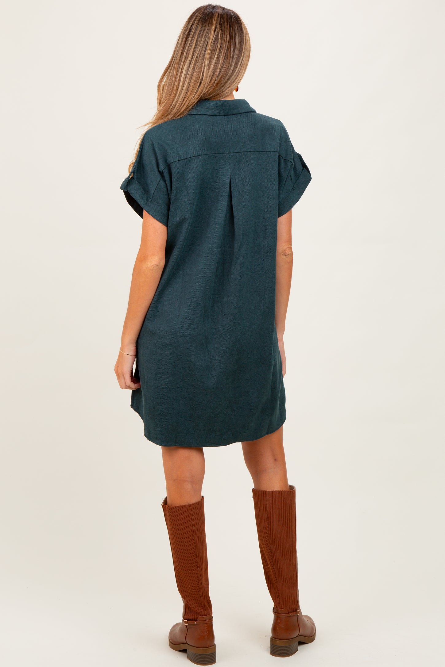 Forest Green Faux Suede Button Down Maternity Shirt Dress