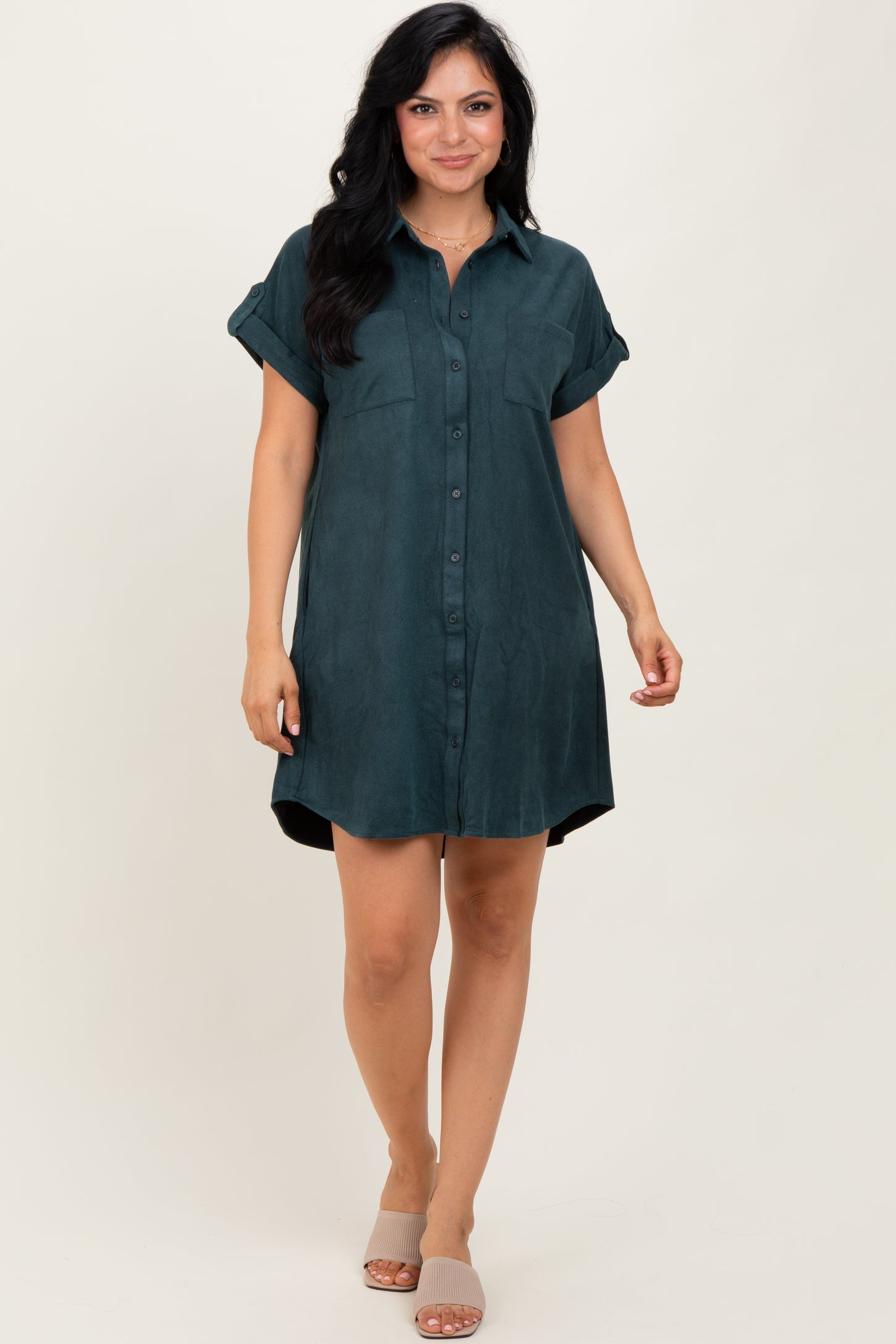 Forest Green Faux Suede Button Down Shirt Dress PinkBlush Forest Green Faux Suede Button Down Shirt Dress PinkBlush