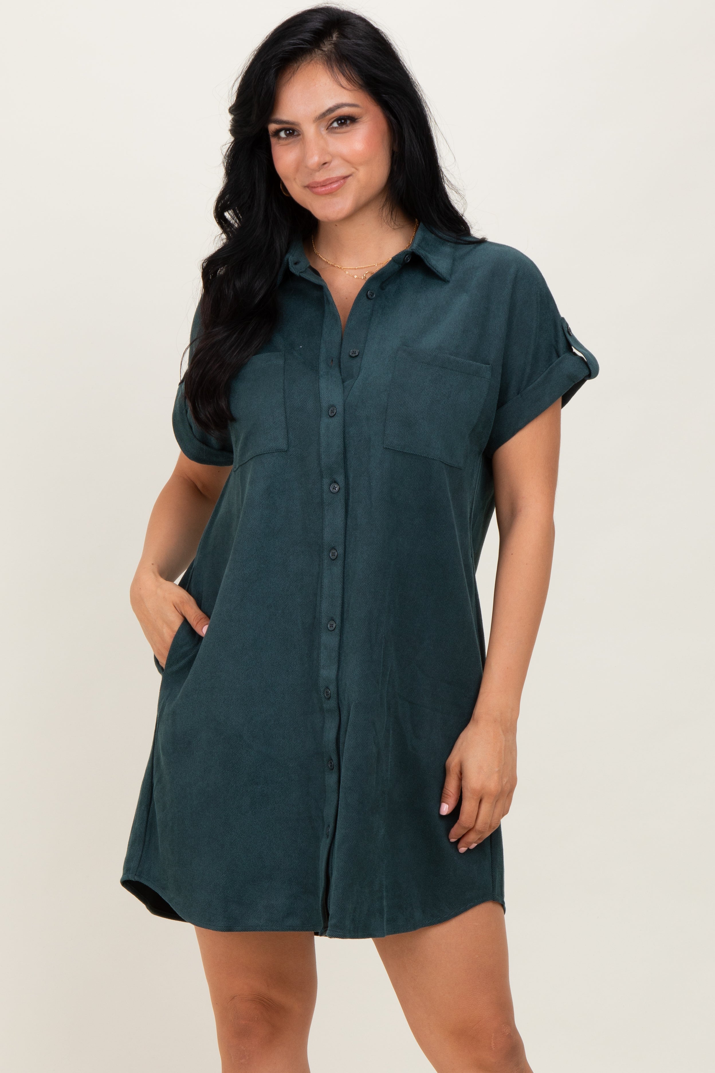 Forest Green Faux Suede Button Down Shirt Dress – PinkBlush