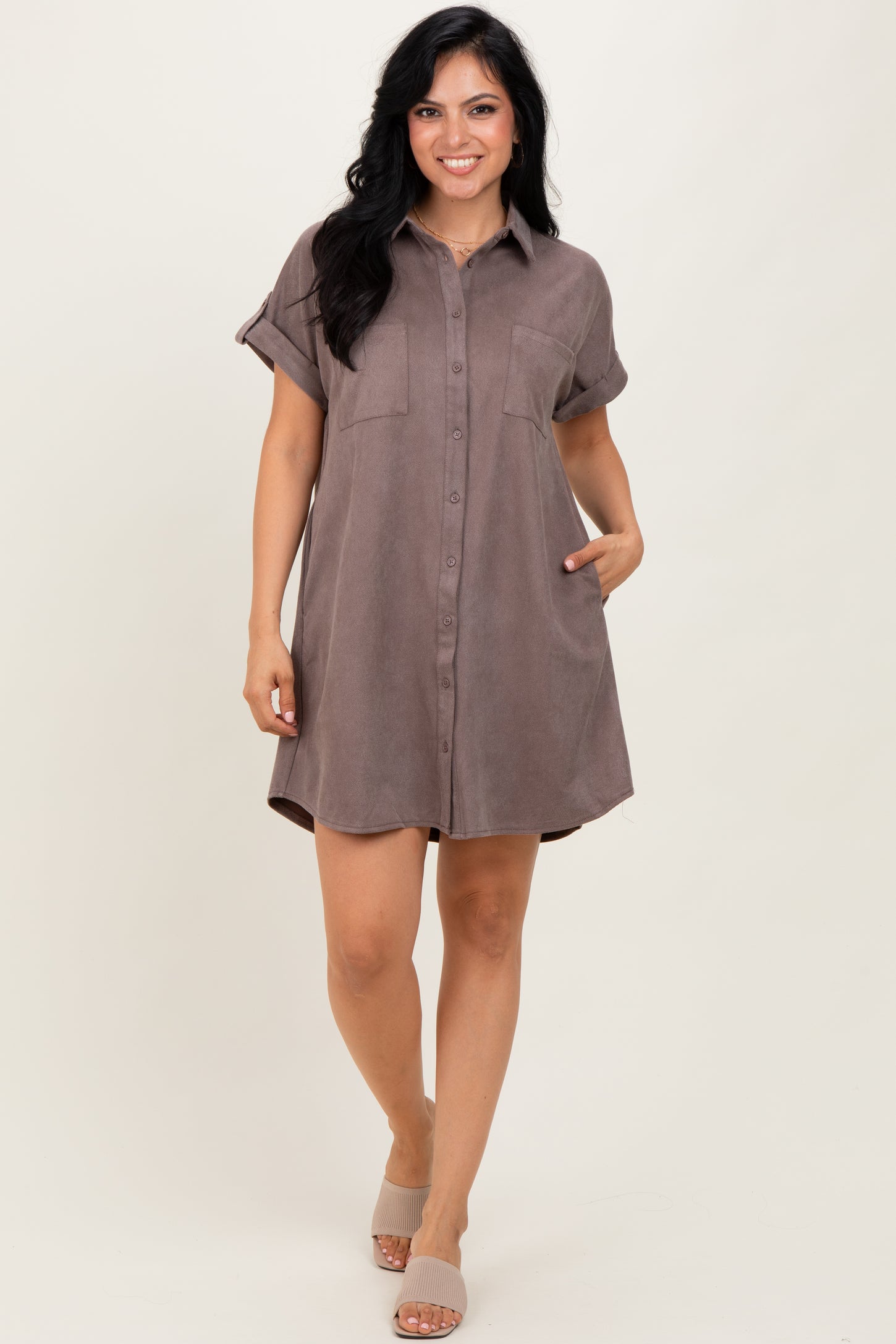 faux suede shirt dress Forest Green Faux Suede Button Down Shirt Dress