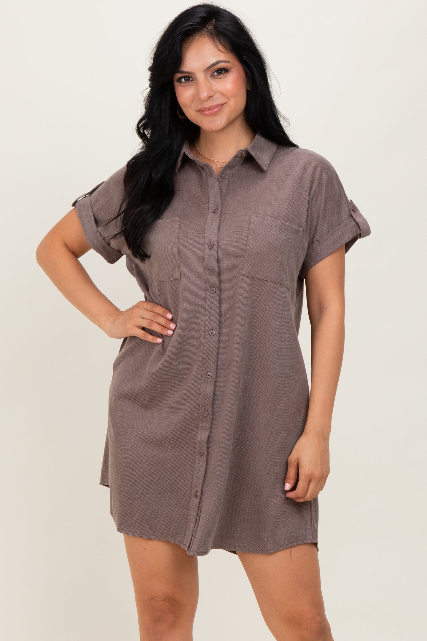 Mocha Faux Suede Button Down Maternity Shirt Dress