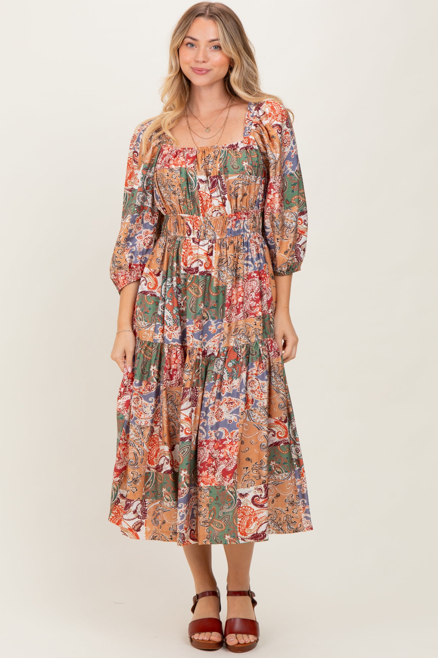 Multicolor Floral Paisley Patchwork 3/4 Sleeve Maternity Midi Dress