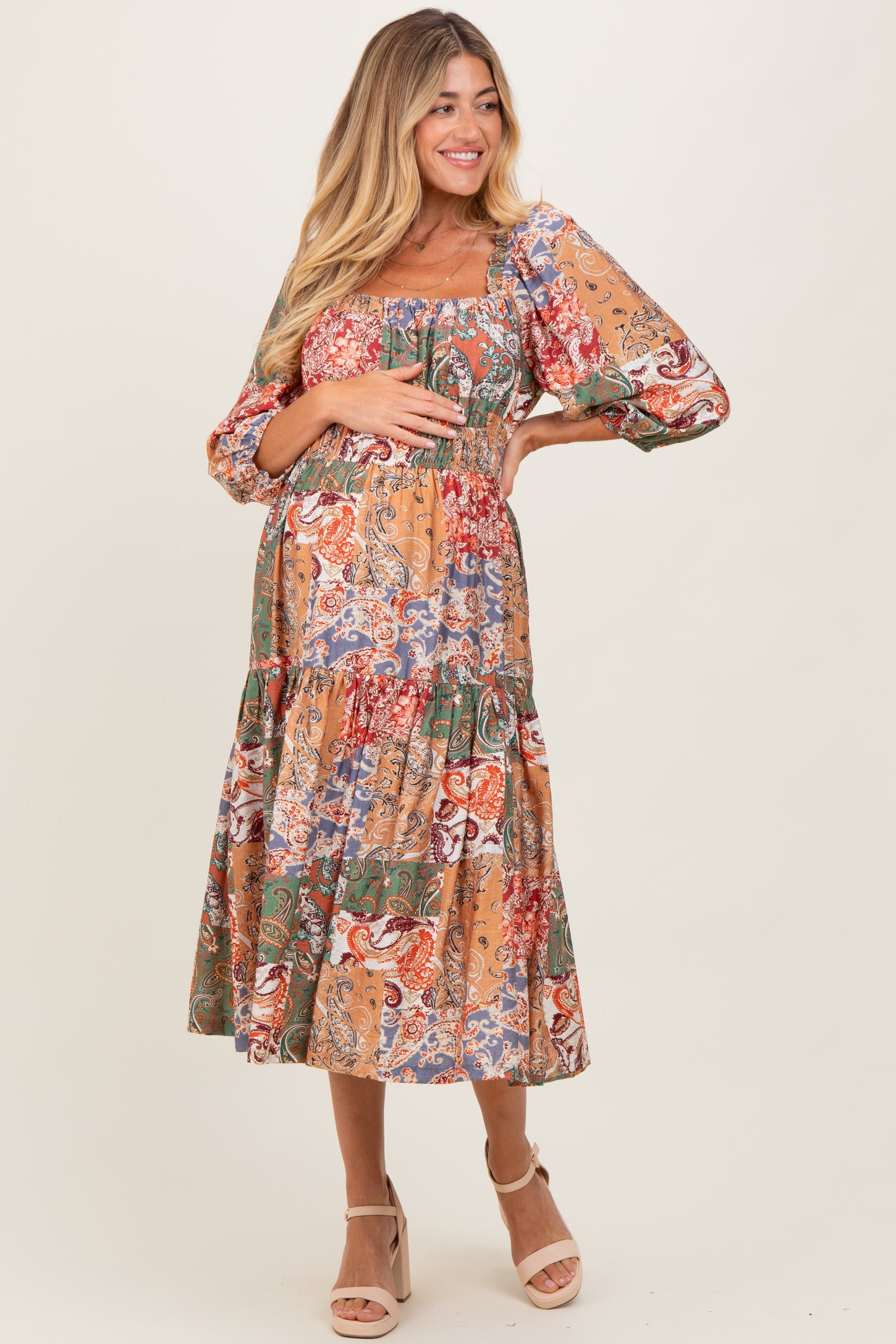 Multicolor Floral Paisley Patchwork 3/4 Sleeve Maternity Midi Dress