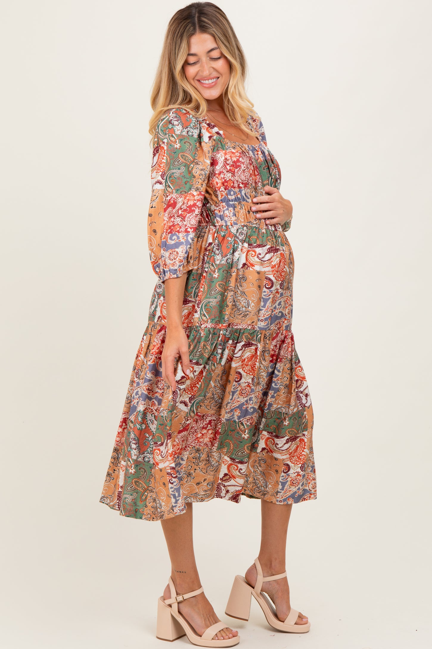 Multicolor Floral Paisley Patchwork 3/4 Sleeve Maternity Midi Dress