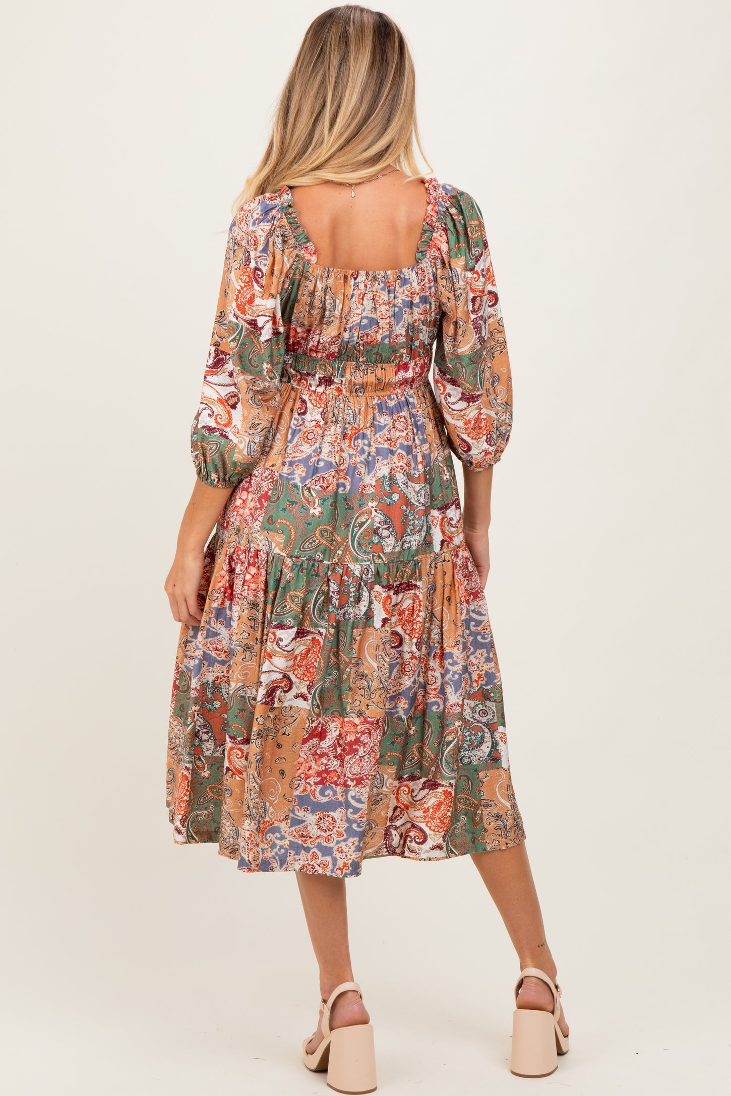 Multicolor Floral Paisley Patchwork 3/4 Sleeve Maternity Midi Dress