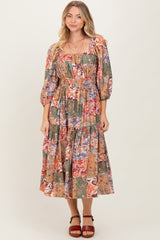 Multicolor Floral Paisley Patchwork 3/4 Sleeve Midi Dress