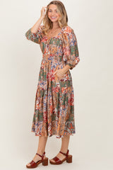 Multicolor Floral Paisley Patchwork 3/4 Sleeve Midi Dress