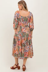 Multicolor Floral Paisley Patchwork 3/4 Sleeve Midi Dress