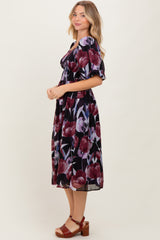 Plum Tulip Floral Smocked Puff Sleeve Midi Dress