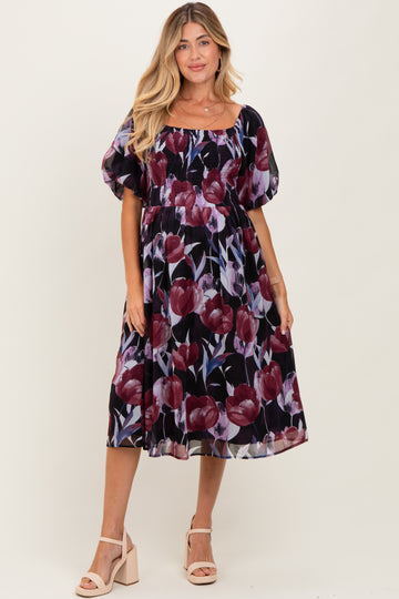 Plum Tulip Floral Smocked Puff Sleeve Maternity Midi Dress