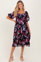 Plum Tulip Floral Smocked Puff Sleeve Maternity Midi Dress