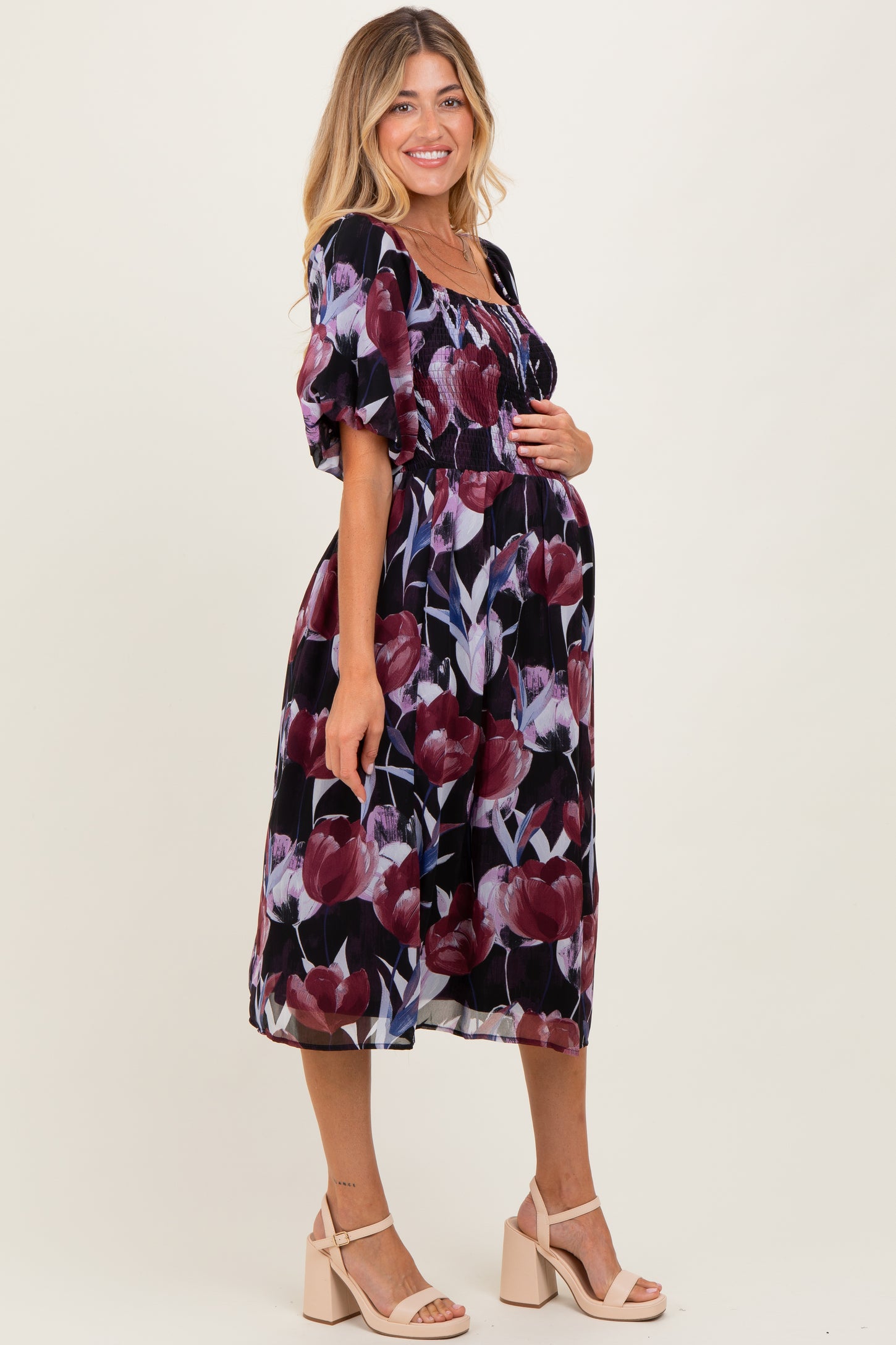 Plum Tulip Floral Smocked Puff Sleeve Maternity Midi Dress