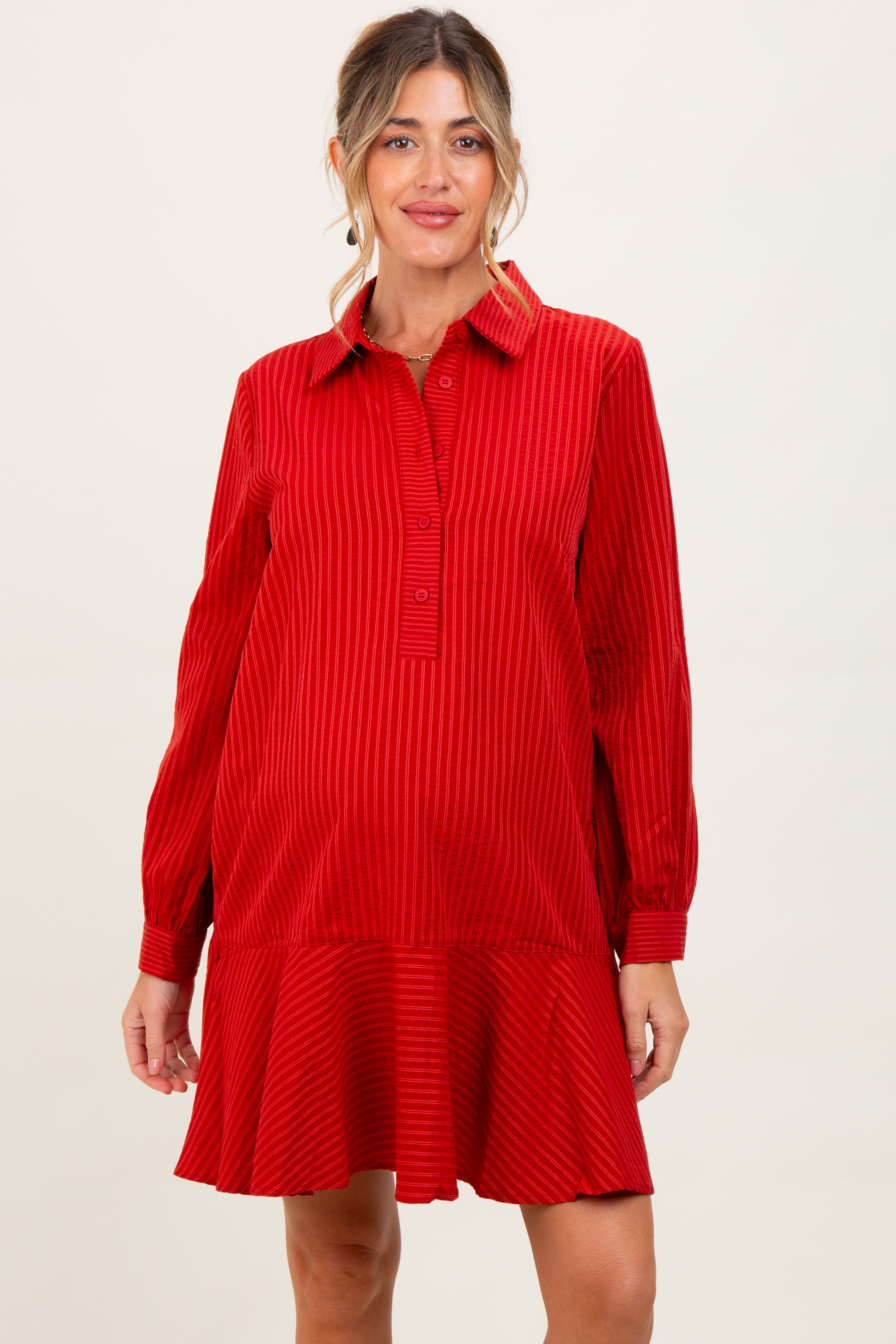 Rust Striped Long Sleeve Drop Waist Maternity Polo Dress – PinkBlush