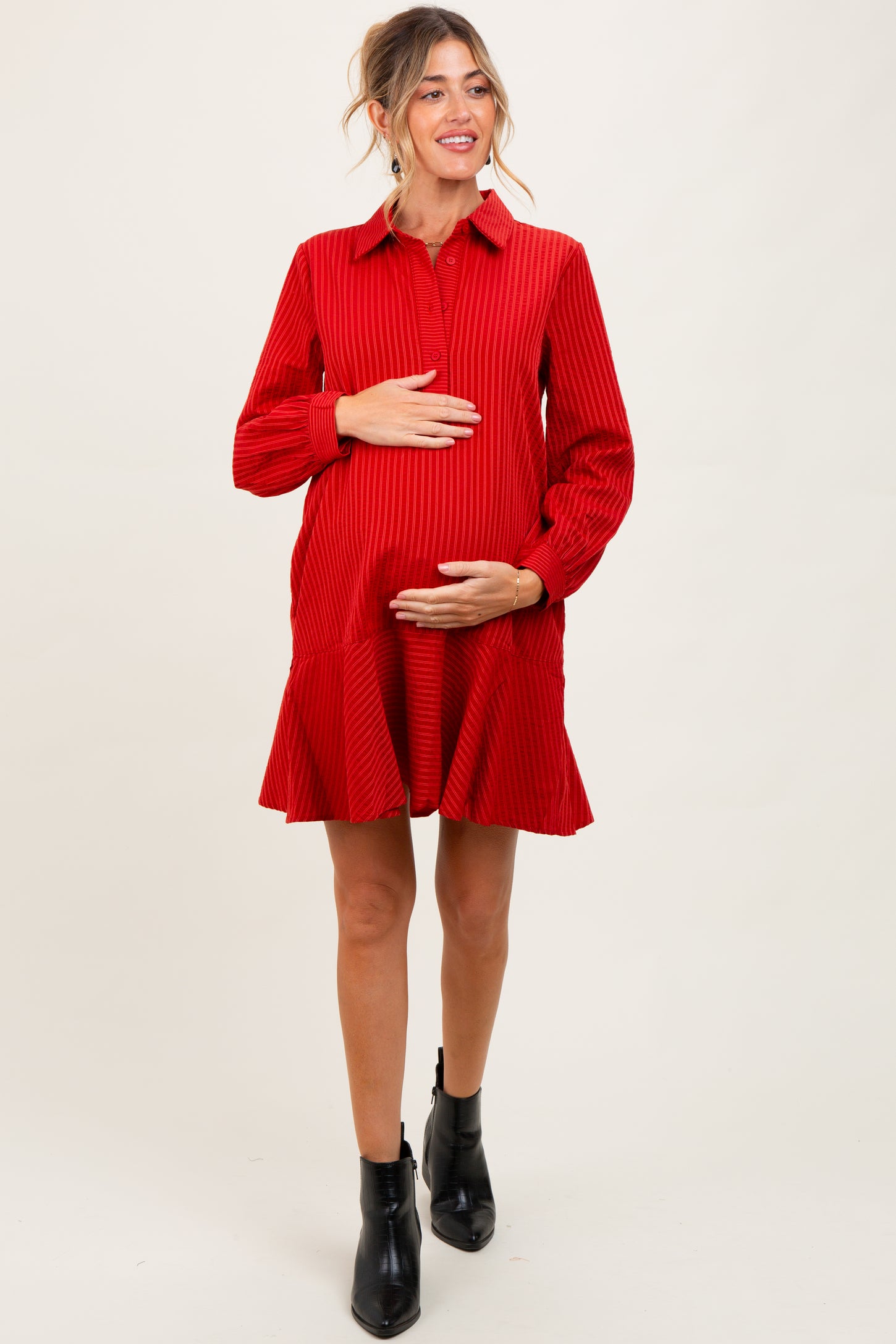 Rust Striped Long Sleeve Drop Waist Maternity Polo Dress Rust Striped Long Sleeve Drop Waist Maternity Polo Dress