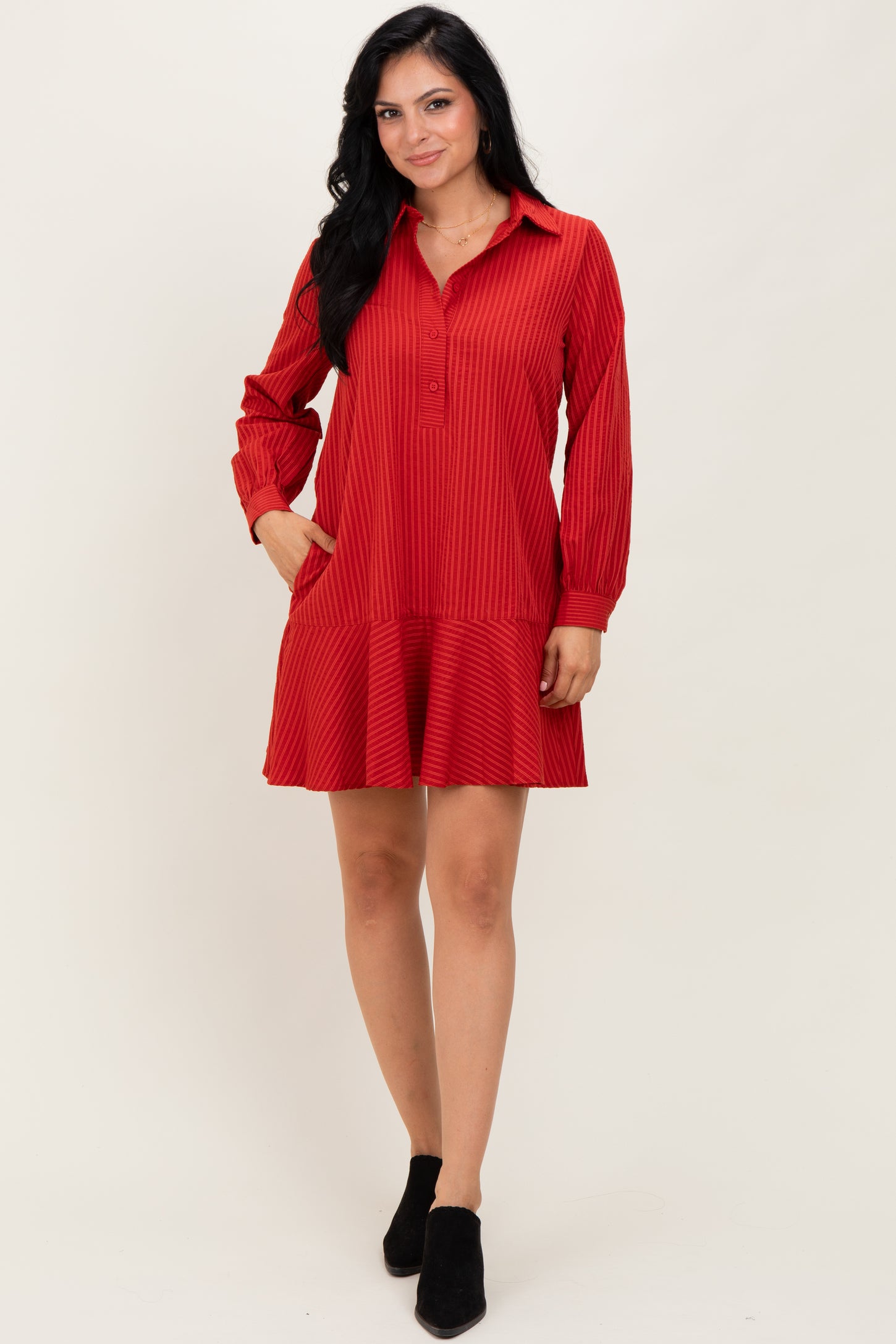 Rust Striped Long Sleeve Drop Waist Polo Dress