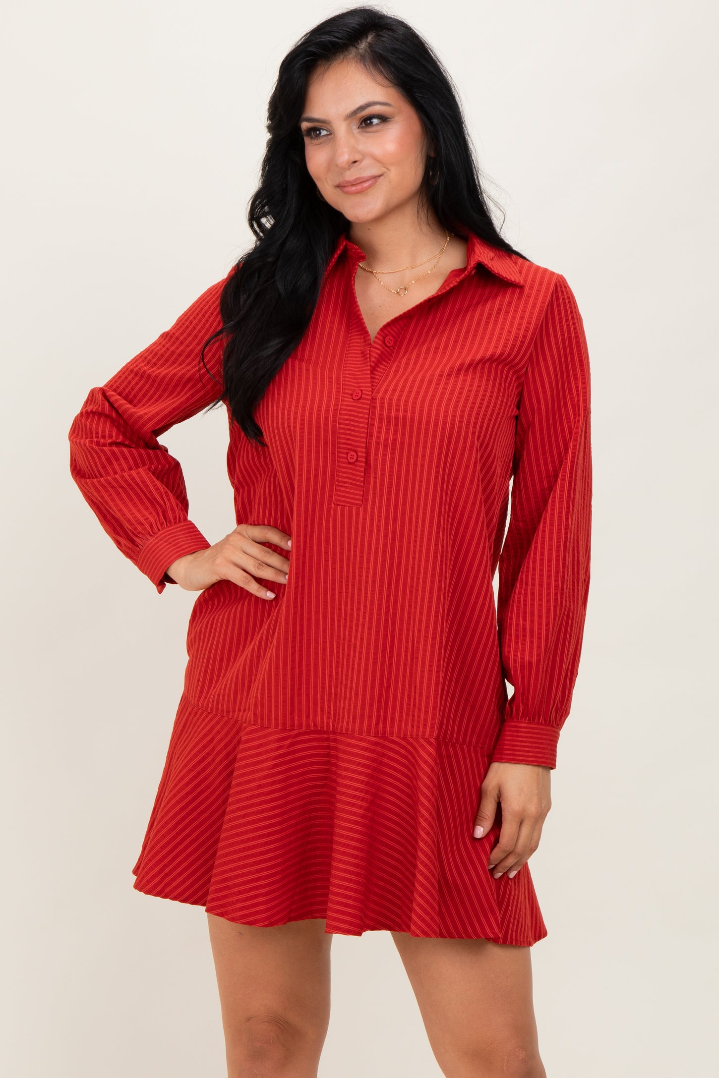 Rust Striped Long Sleeve Drop Waist Maternity Polo Dress