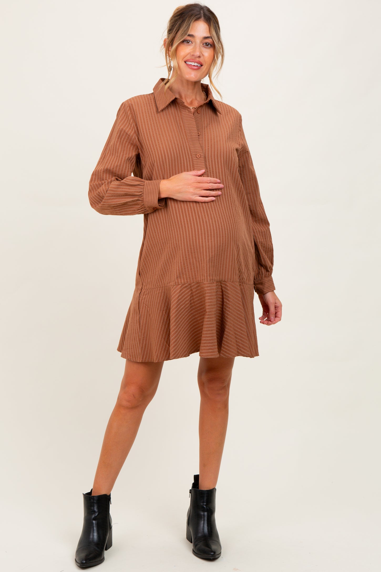 Camel Striped Long Sleeve Drop Waist Maternity Polo Dress – PinkBlush