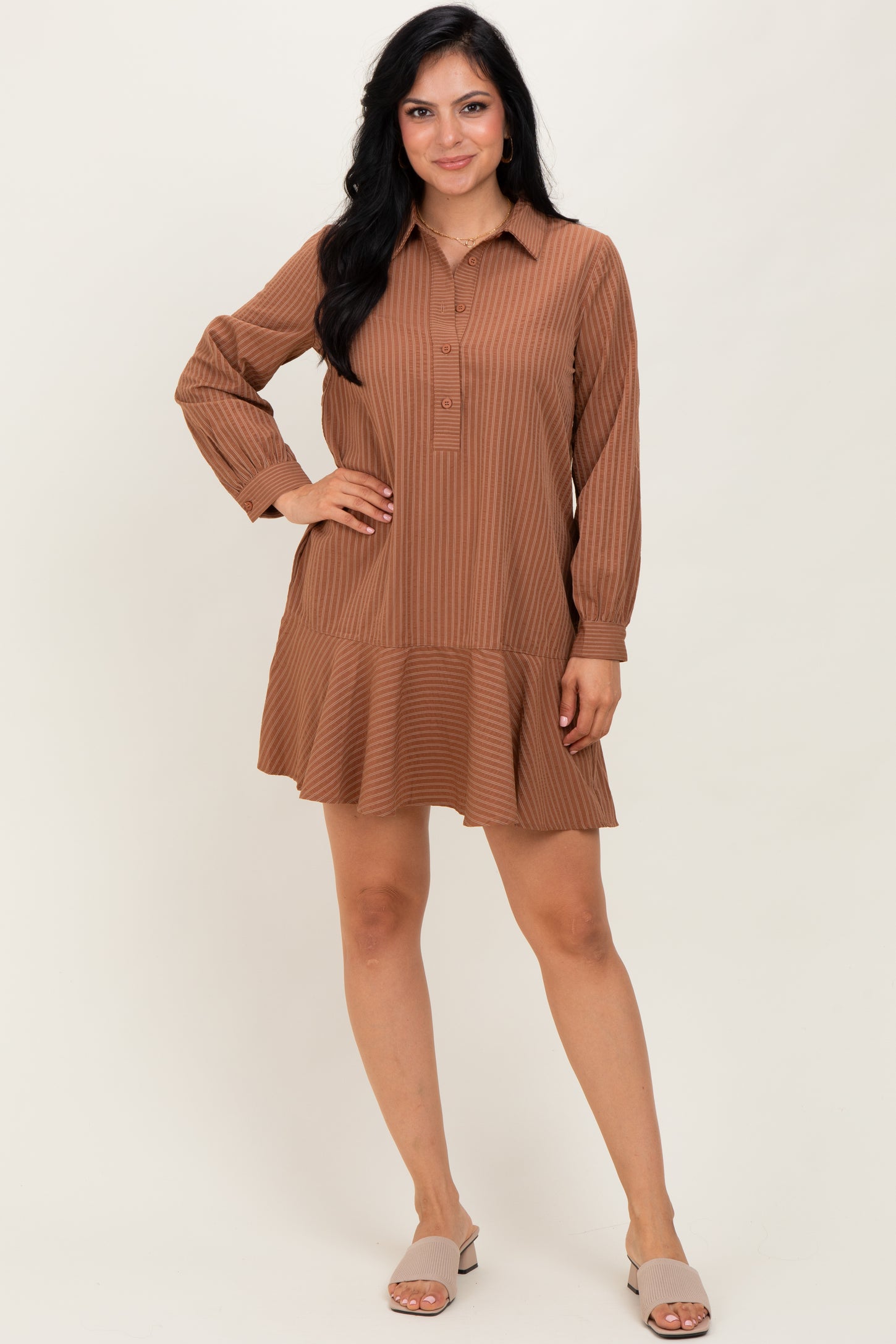 Camel Striped Long Sleeve Drop Waist Polo Dress Camel Striped Long Sleeve Drop Waist Polo Dress