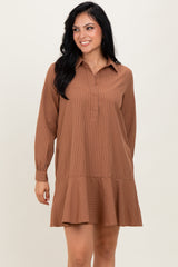 Camel Striped Long Sleeve Drop Waist Polo Dress