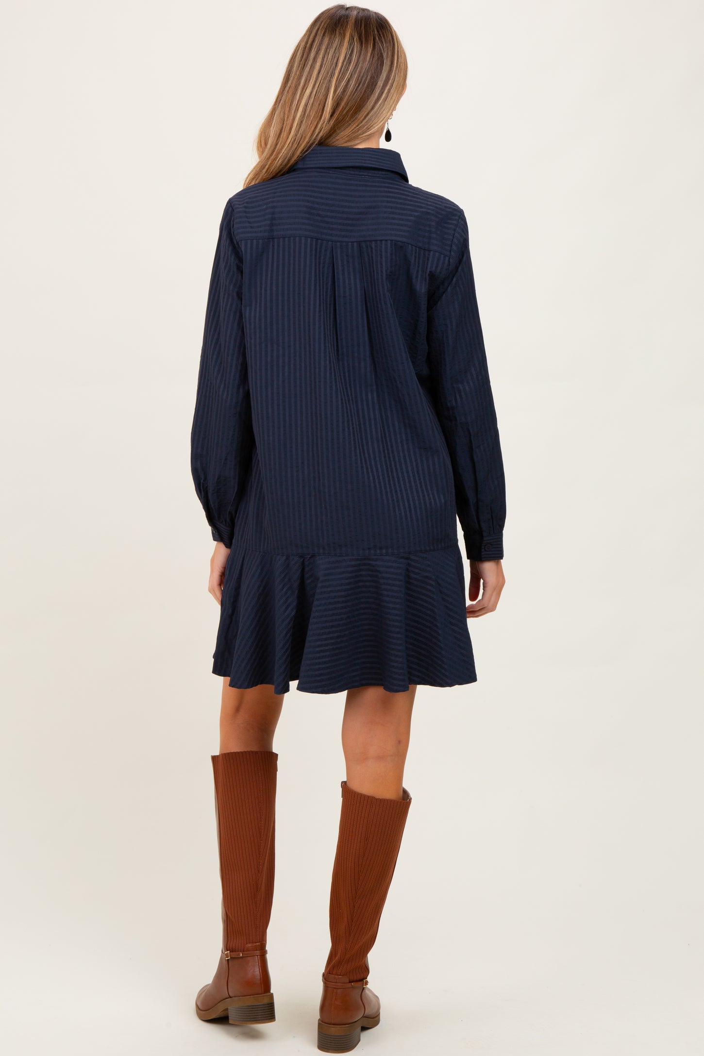 Navy Striped Long Sleeve Drop Waist Maternity Polo Dress Navy Striped Long Sleeve Drop Waist Maternity Polo Dress
