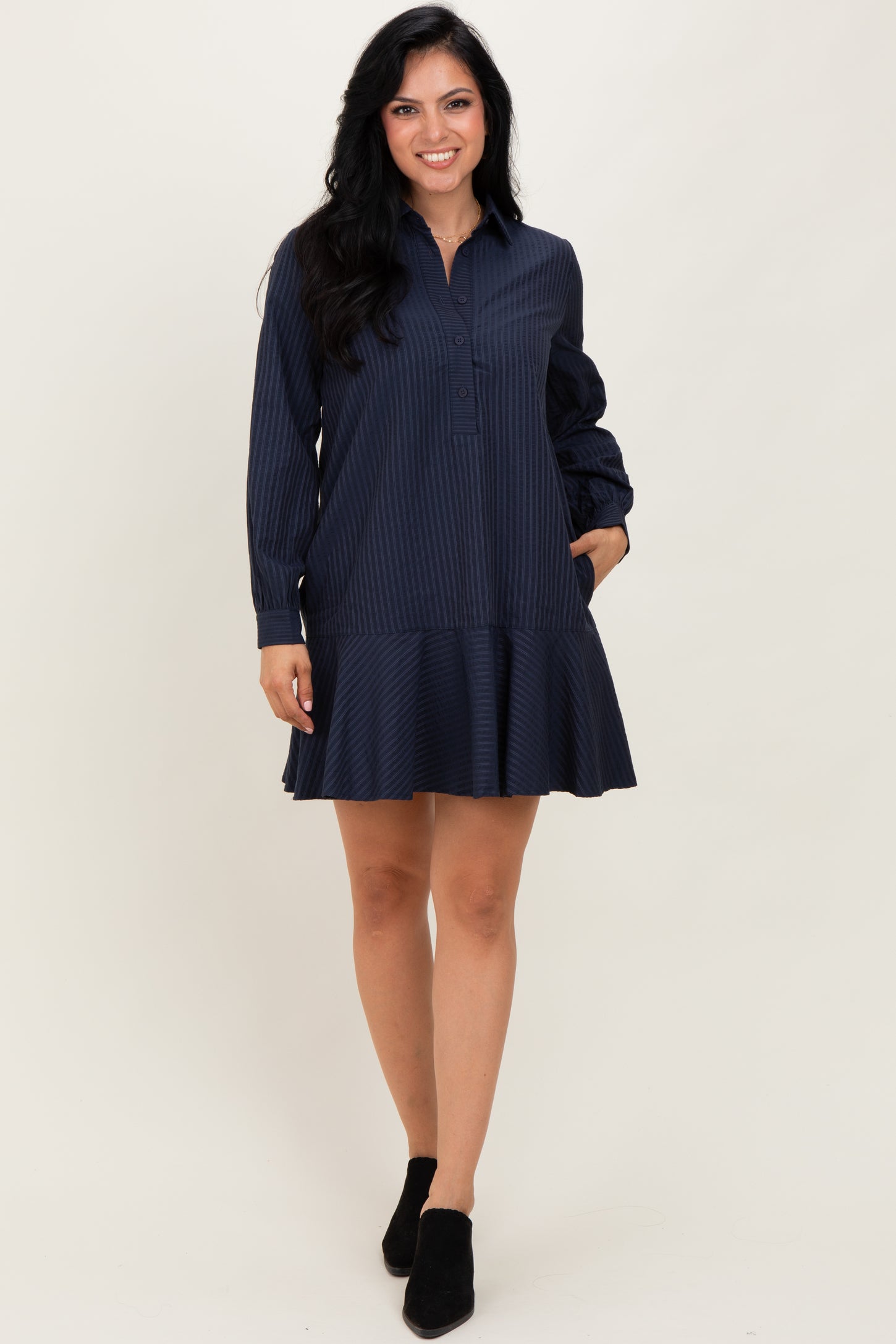 Navy Striped Long Sleeve Drop Waist Polo Dress