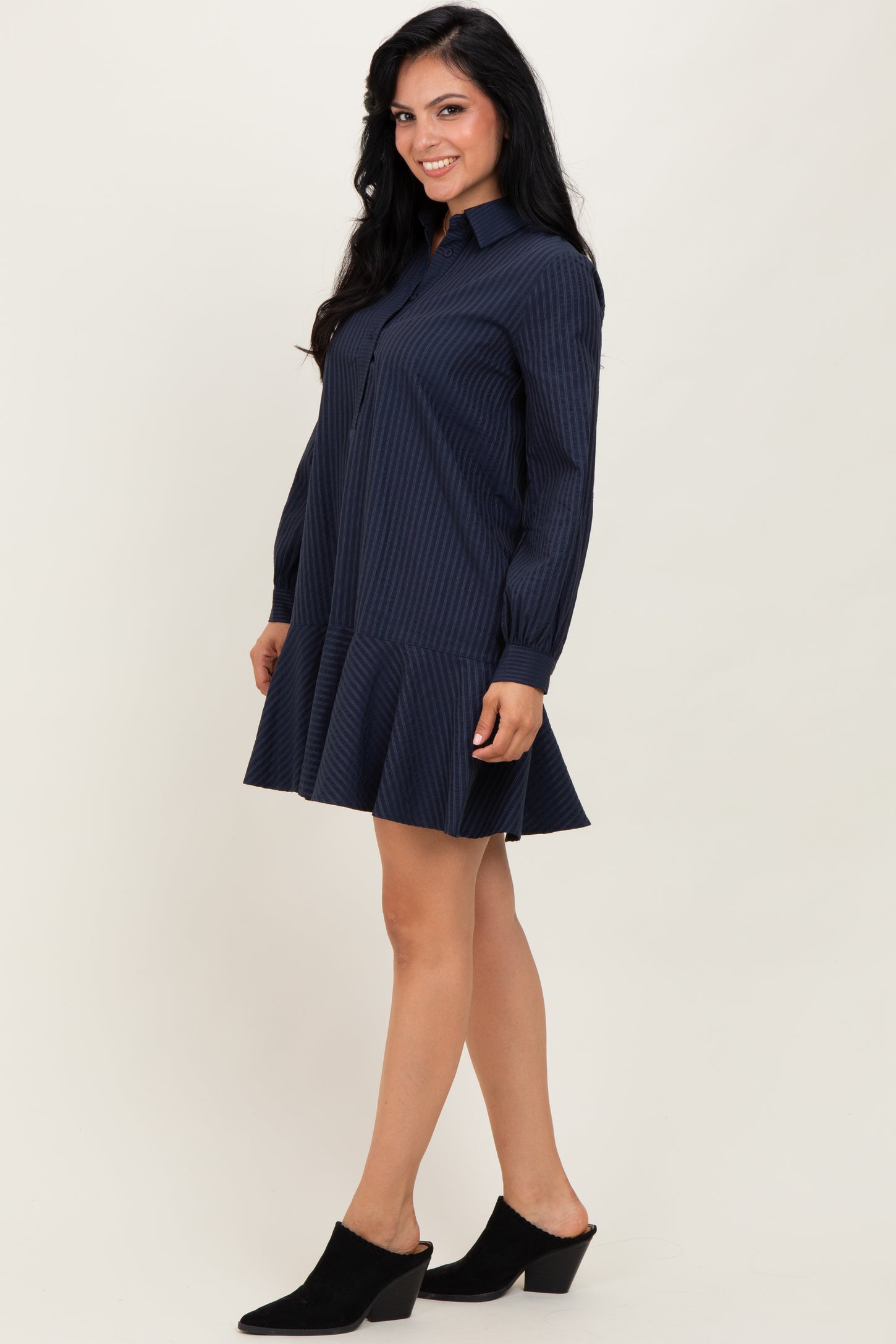 Navy Striped Long Sleeve Drop Waist Polo Dress