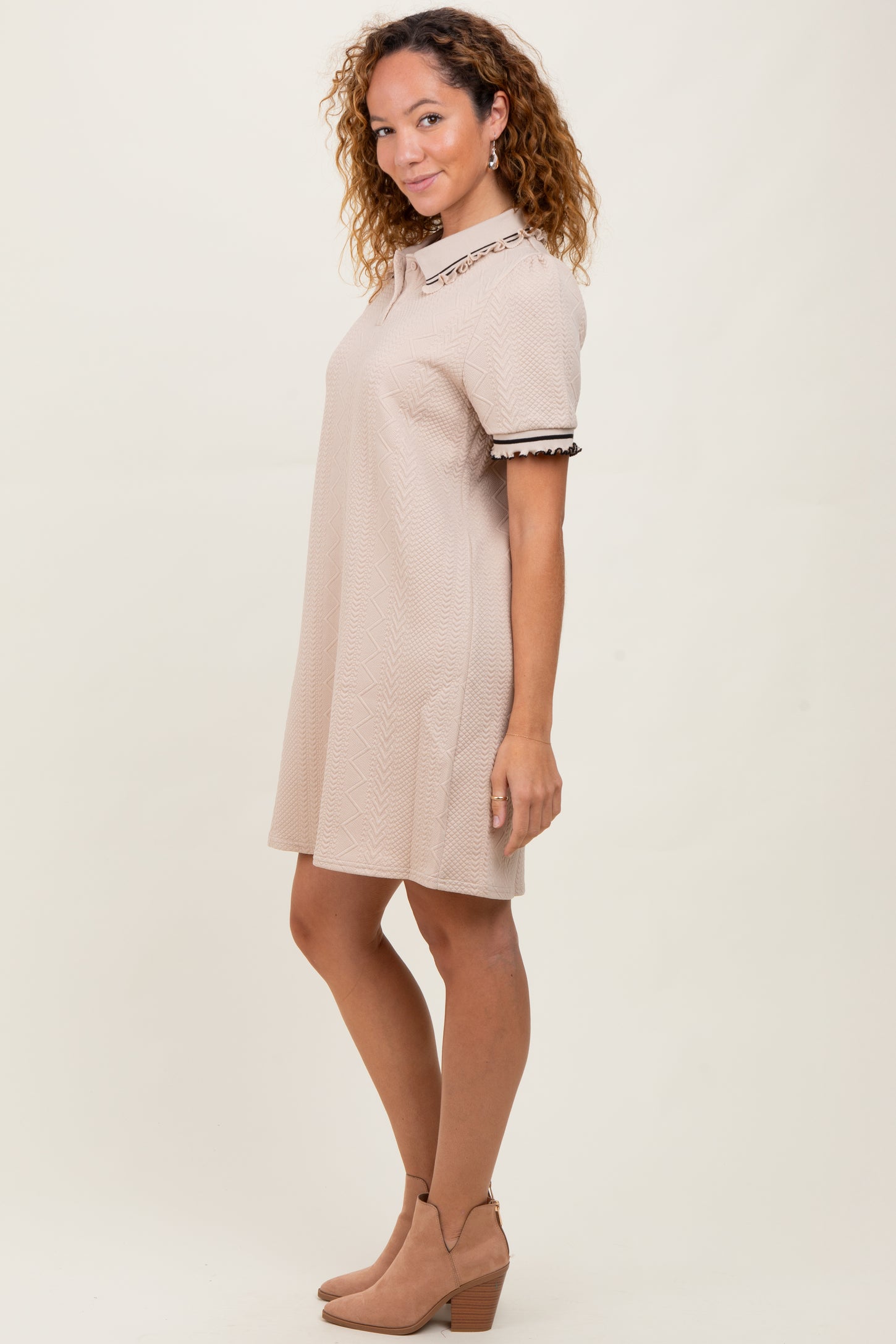 Beige Jacquard Ruffle Accent Polo Dress