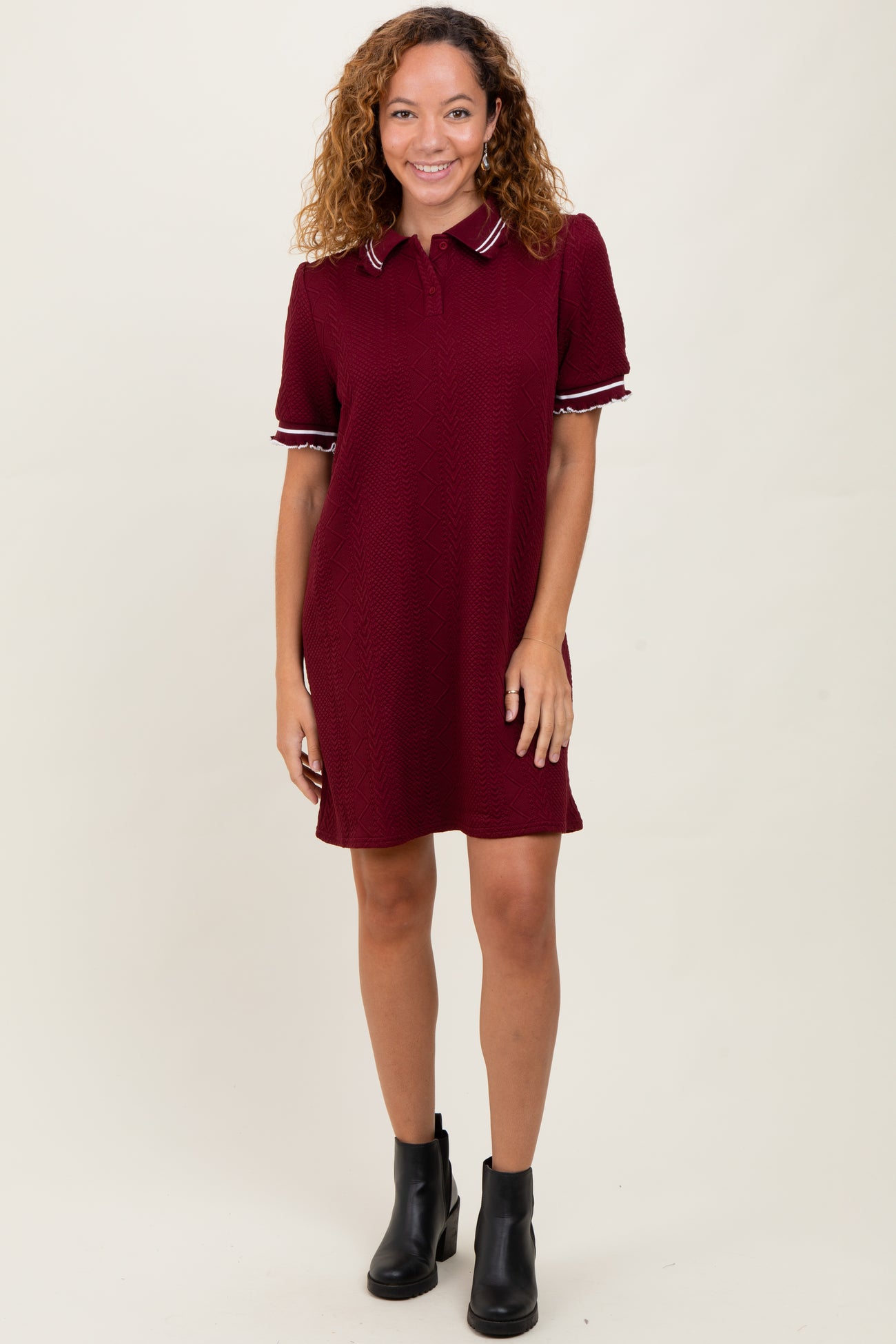 Burgundy Jacquard Ruffle Accent Maternity Polo Dress